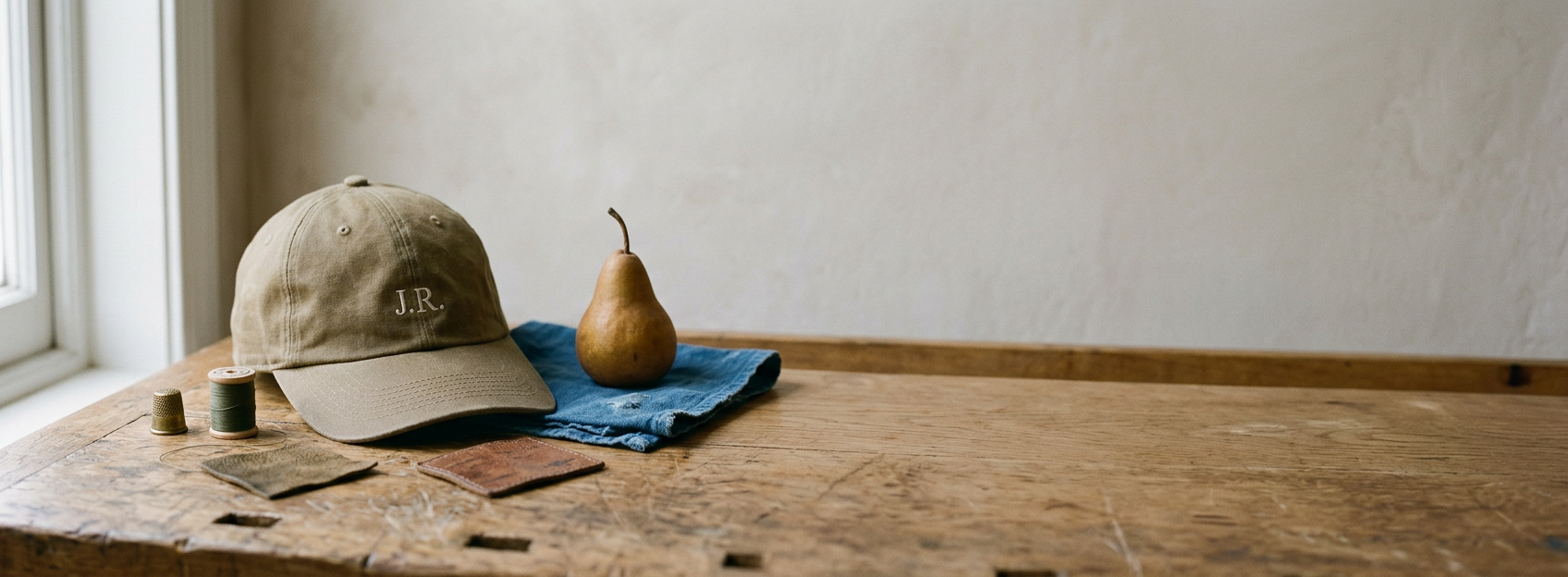 A khaki cap with the initials J.R. embroidered on the front, on an oak workbench beside a thimble, a spool of thread, leather offcuts and a pear.