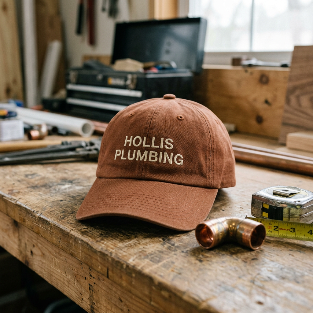 Sample: a rust-brown cap with HOLLIS PLUMBING embroidered in two lines, on a workshop bench beside a copper fitting.
