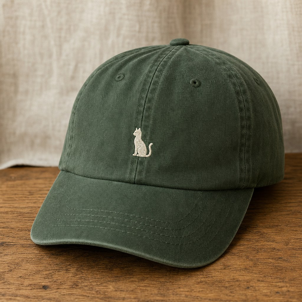 Generated sample: a forest-green Dad Hat with a small ivory seated cat embroidered on the front, against oak and linen.