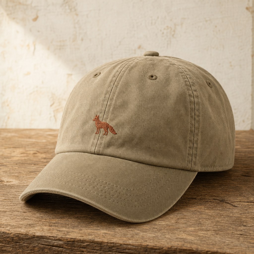Generated sample: a khaki Dad Hat with a small rust-coloured fox embroidered on the front, on an aged oak workbench.