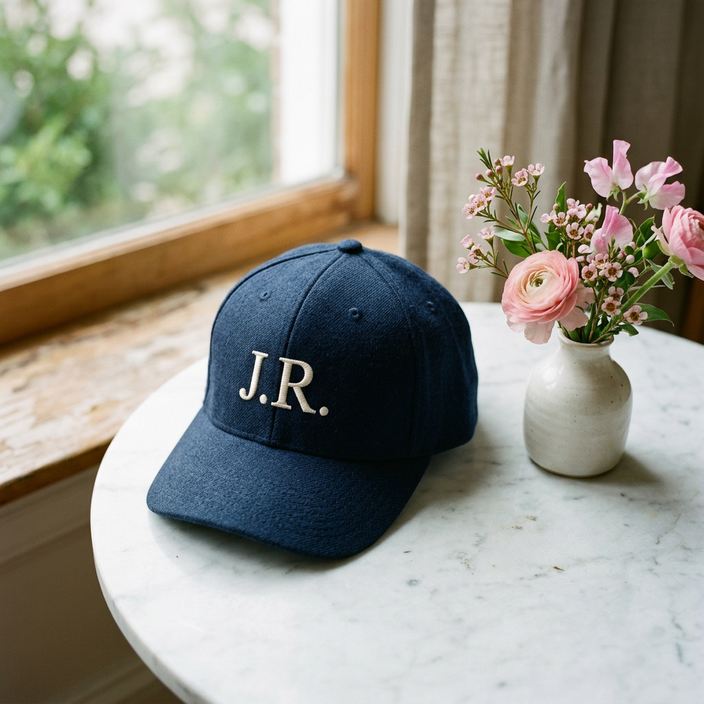 Sample: a navy cap with the initials J.R. embroidered in cream thread, on a marble table beside a small vase of pink flowers.