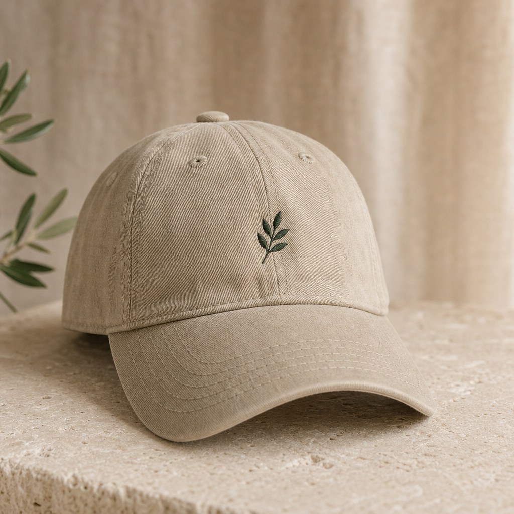 Generated sample: a stone Dad Hat with a small dark-green olive sprig embroidered on the front, on pale limestone.