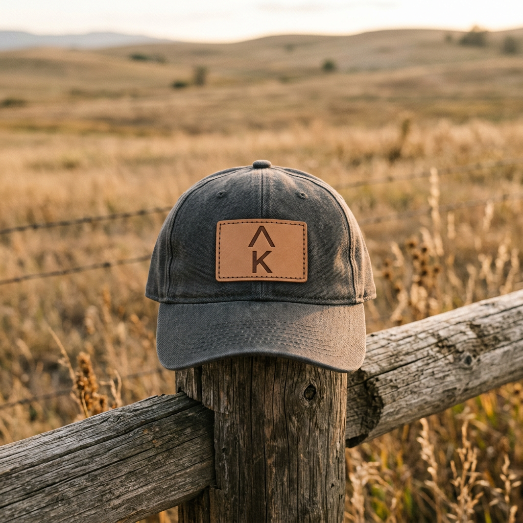 Sample: a charcoal cap with a rectangular leather patch showing a ranch brand mark, on a fence post in a dry pasture.