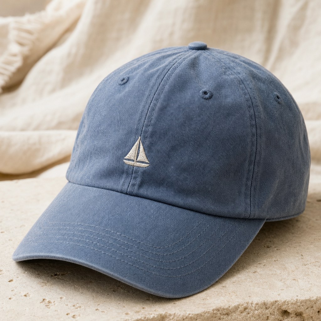 Generated sample: a faded-blue Dad Hat with a small ivory sailboat embroidered on the front, on limestone beside linen.