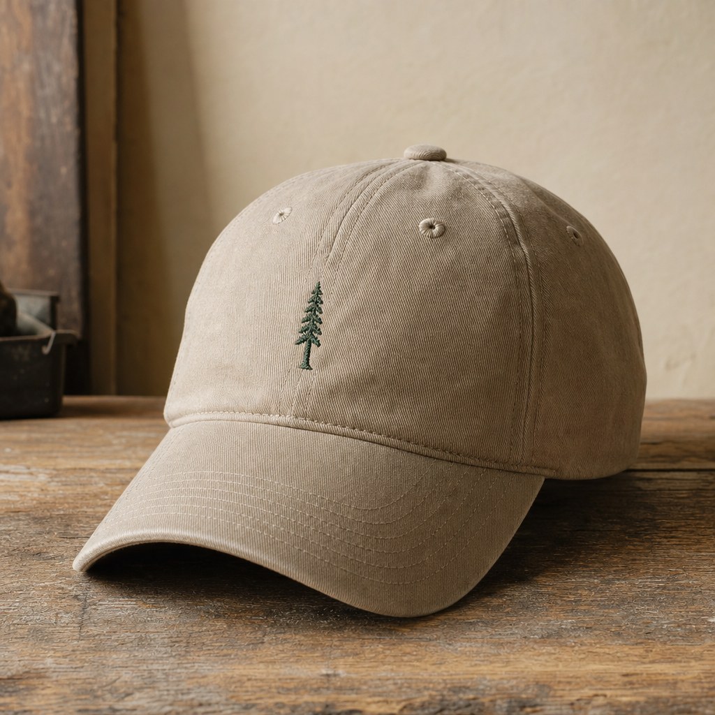 Generated sample: a khaki cotton Dad Hat with a small forest-green sequoia tree embroidered on the front, resting on oak.