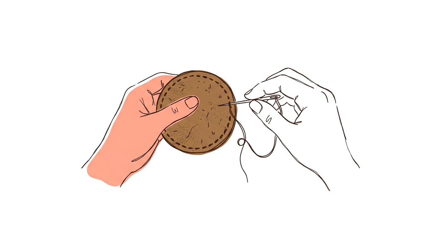 Hand-drawn hands stitching a round leather patch